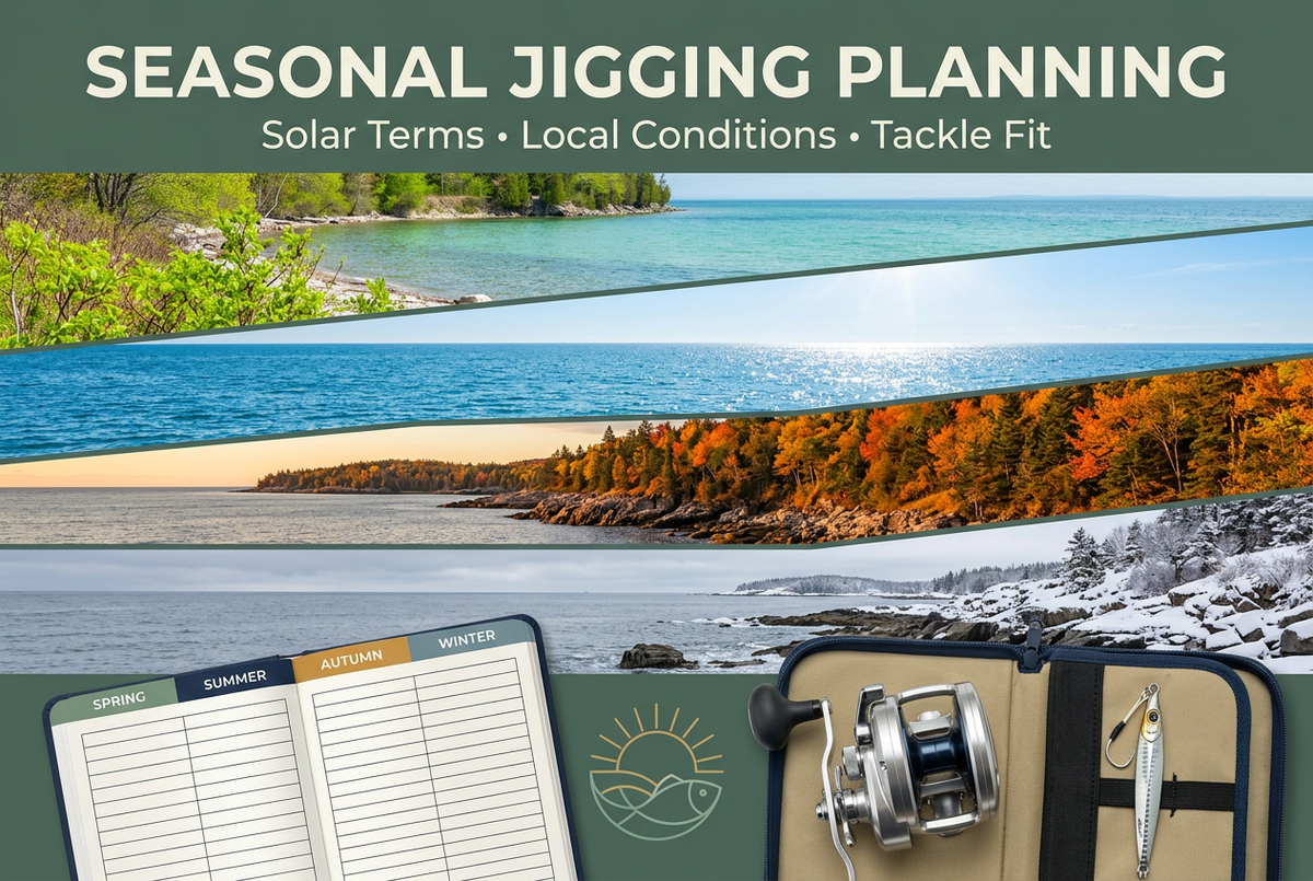 Editorial seasonal coastal montage with a jigging reel and planning notebook illustrating year-round trip preparation