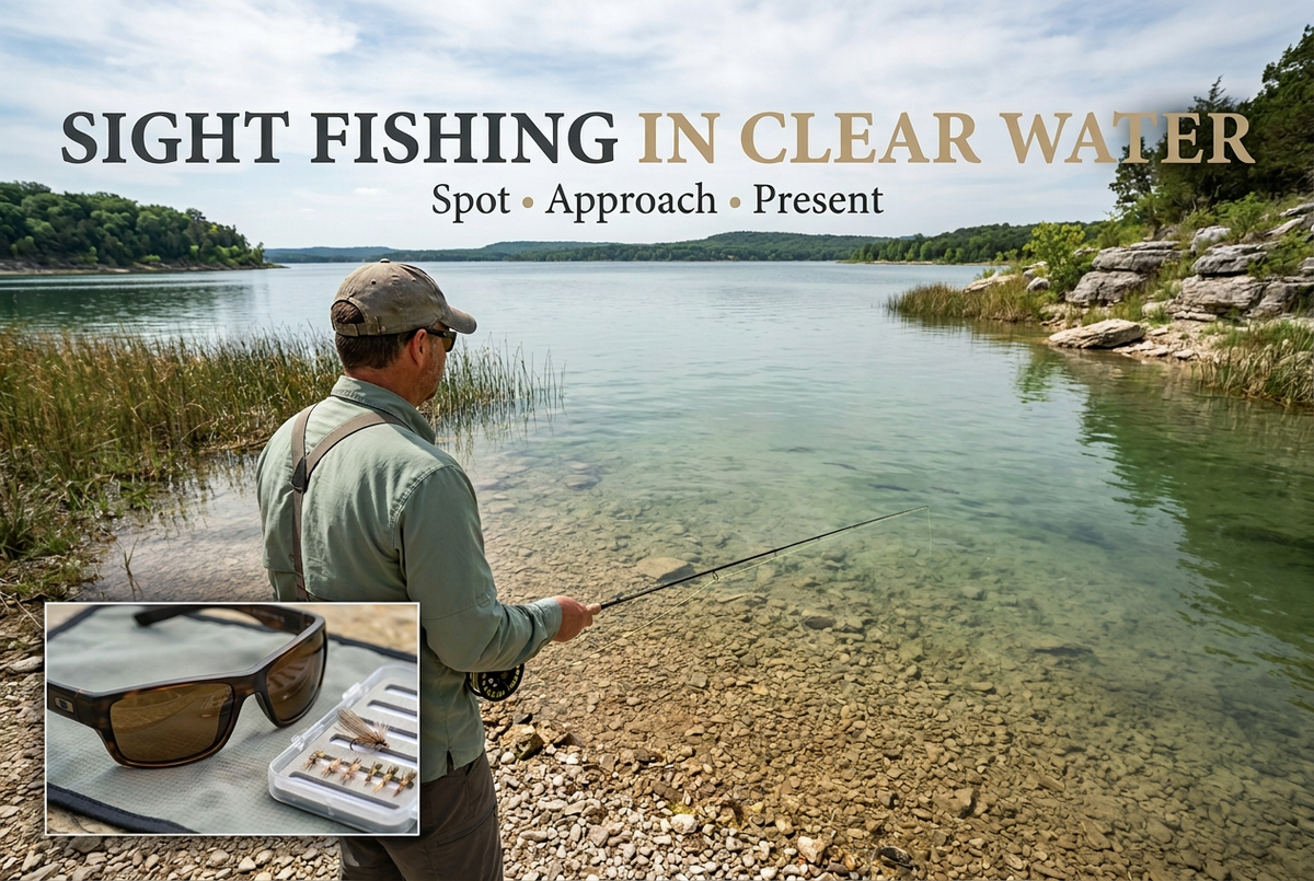 Illustrative angler observing clear shallow water with a close-up of sunglasses and secured tackle
