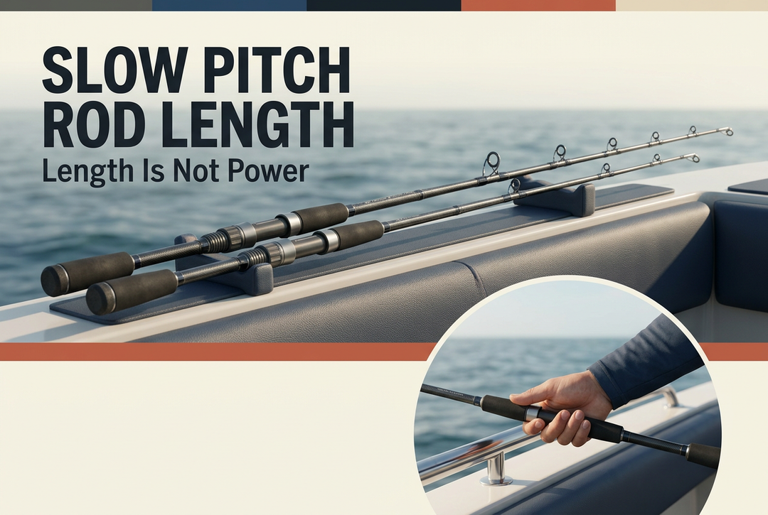 Illustrative comparison of two different-length jigging rods on a padded rack with an inset of comfortable boat-side handling