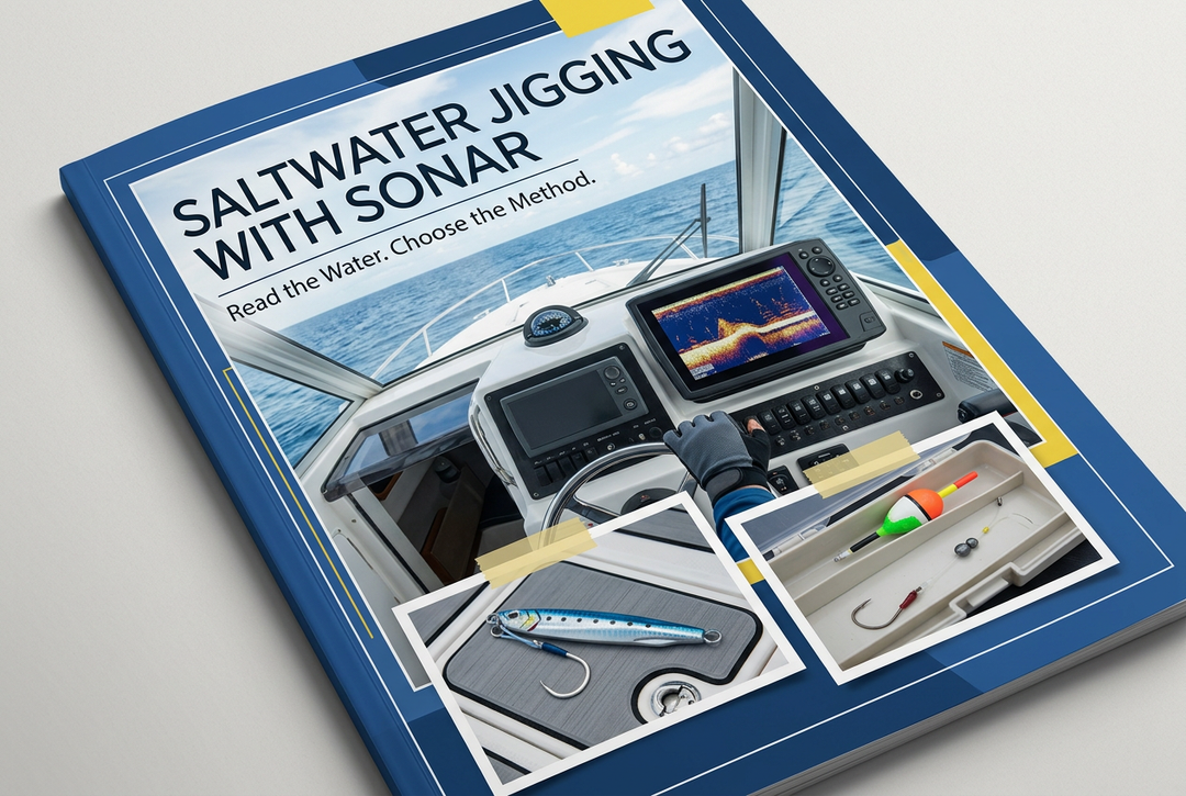 Illustrative boat-console fishfinder scene with separately displayed metal jig and light float tackle