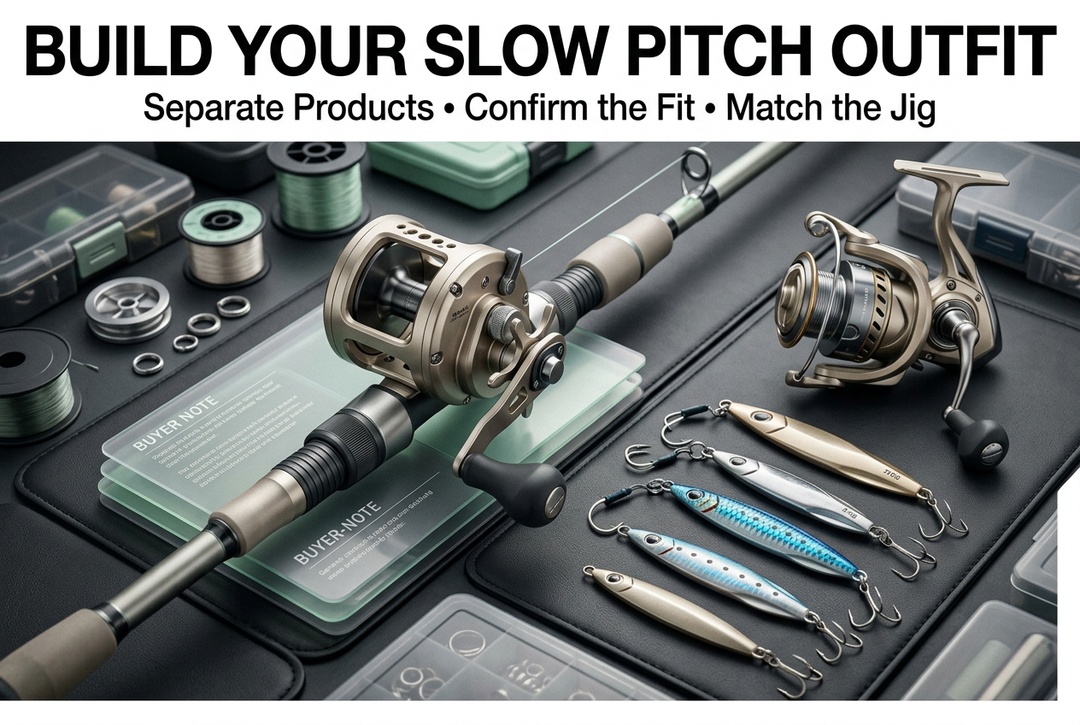 Editorial arrangement of separate generic rod, reel and secured jig components for slow-pitch outfit selection