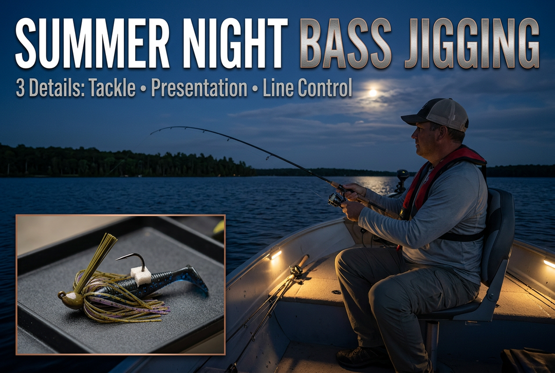 Illustrative night lake scene with a seated angler wearing a lifejacket and an inset of a skirted bass jig