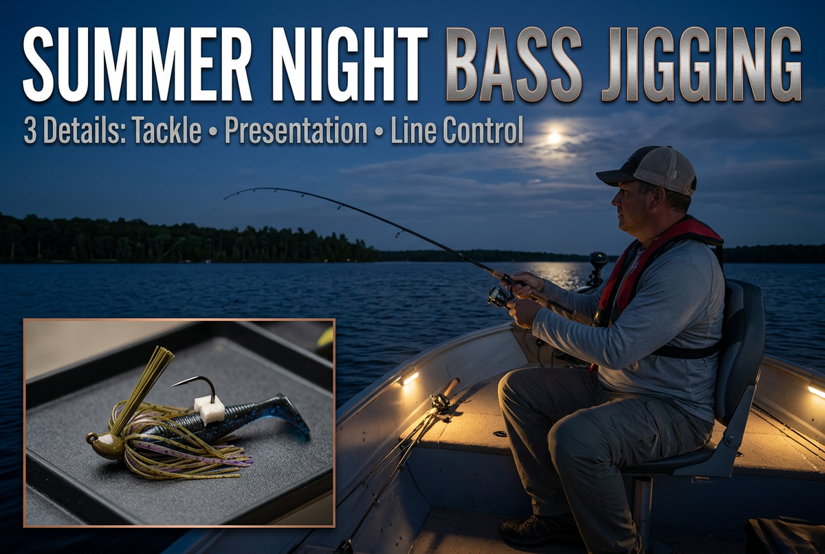 Illustrative night lake scene with a seated angler wearing a lifejacket and an inset of a skirted bass jig