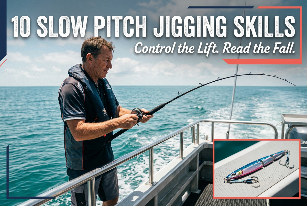 Illustrative offshore angler using a conventional reel with a close-up of a metal slow-pitch jig
