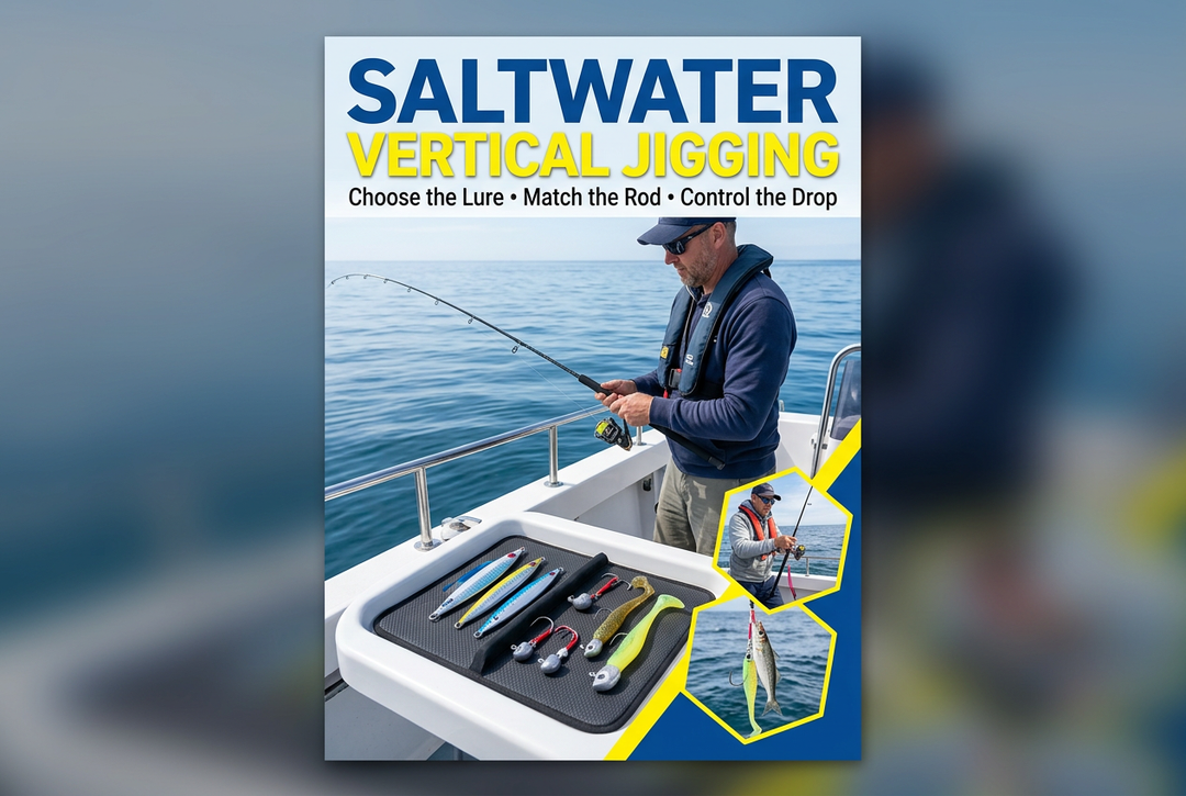 Editorial coastal boat-jigging scene with separate generic metal-jig and jig-head tackle details