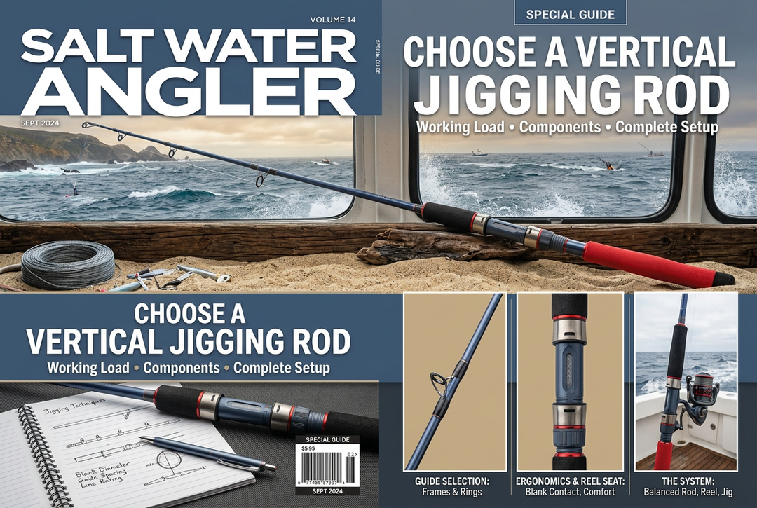 Editorial generic vertical-jigging rod, guide, reel-seat and secured-lure details beside an offshore sea view