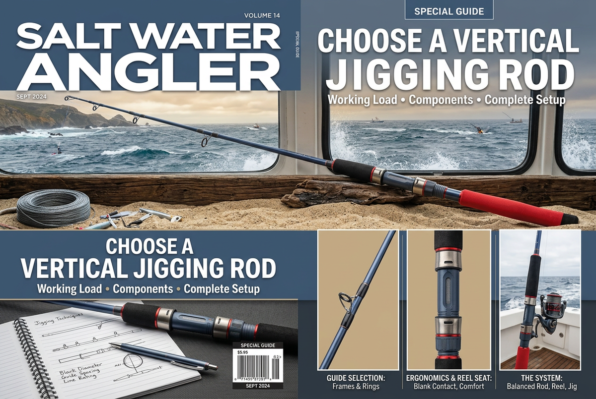 Editorial generic vertical-jigging rod, guide, reel-seat and secured-lure details beside an offshore sea view