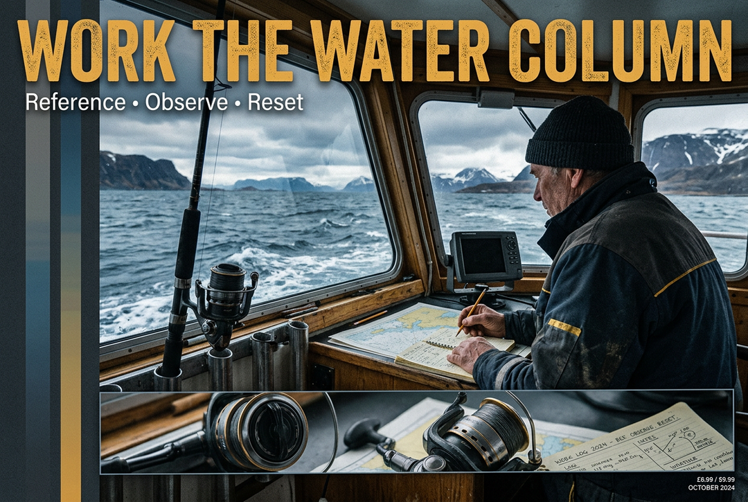 Editorial boat observation station with sea view, generic jigging tackle and planning-notebook details