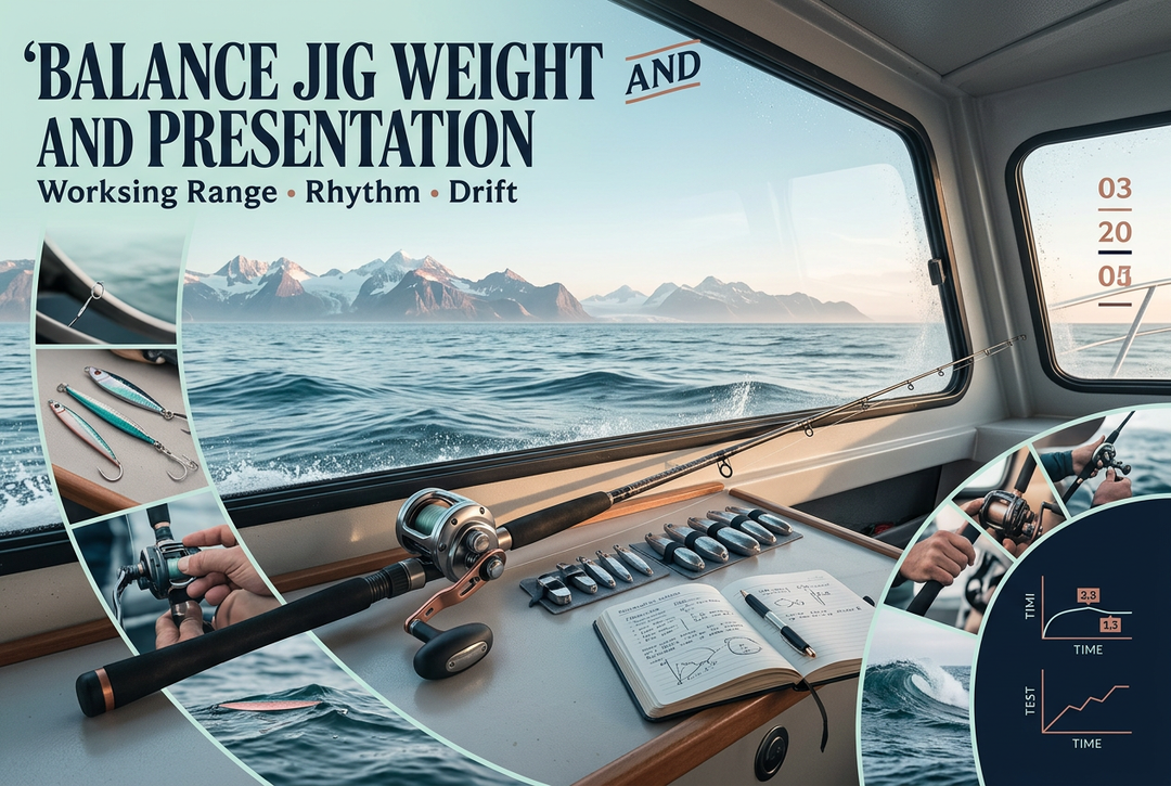 Editorial secured metal jigs, unloaded rod, reel-handle and observation notes beside an offshore sea view