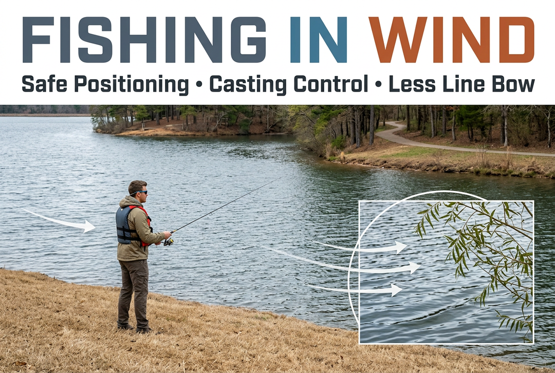 Angler wearing a life jacket on a grassy lake bank with rippled water, wind-arrow graphics and a shoreline inset