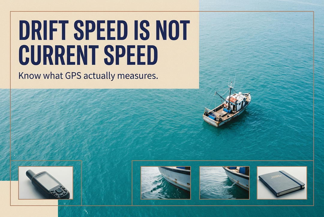 Offshore fishing boat on turquoise water with English headline Drift Speed Is Not Current Speed and GPS and water detail panels