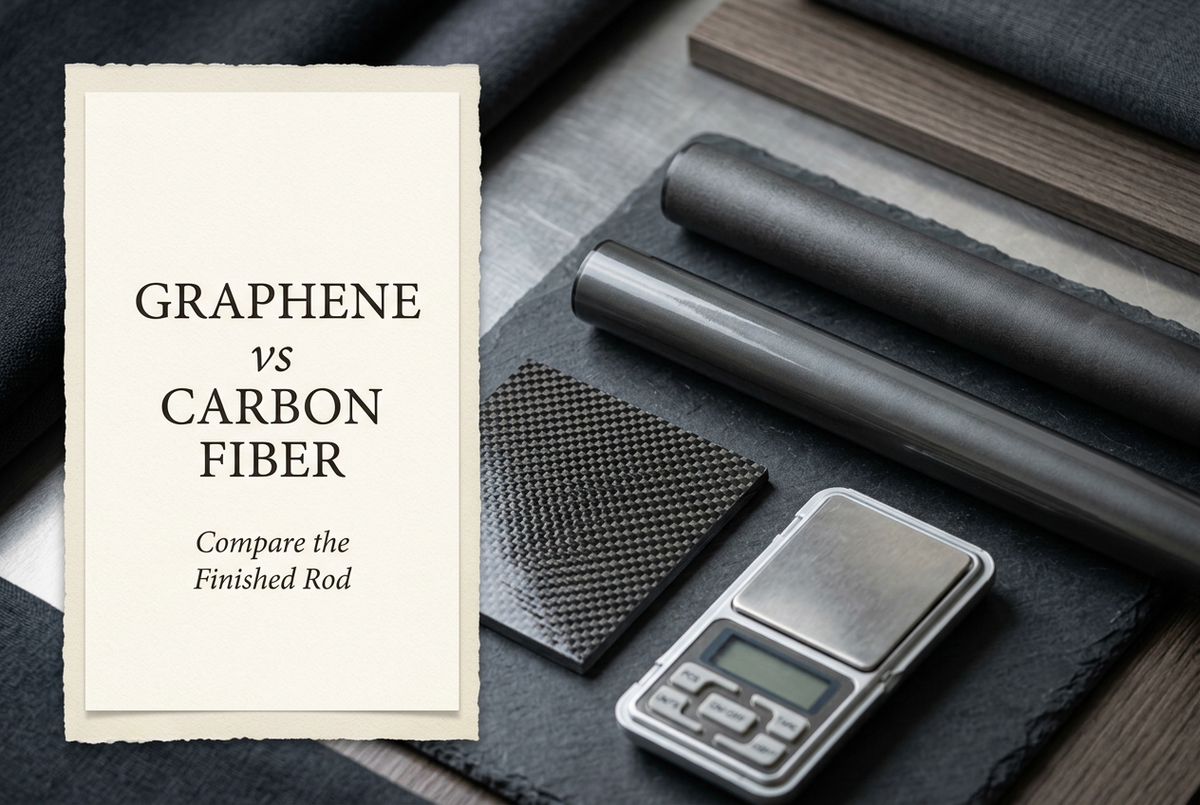 Graphene vs Carbon Fiber cover showing generic rod blank sections, a woven material sample and a digital balance with no weight reading.