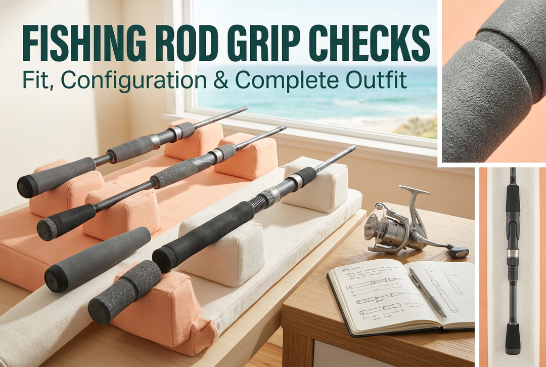 Fishing Rod Grip Checks cover showing generic foam-style rod handles on padded stands, a separate reel and notebook, with grip-texture and handle-detail panels in peach and jade framing.