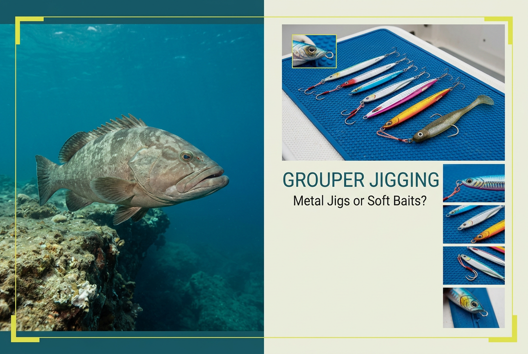 Grouper jigging guide showing a grouper beside a rocky ledge and metal jigs with a soft bait arranged on a blue deck mat.