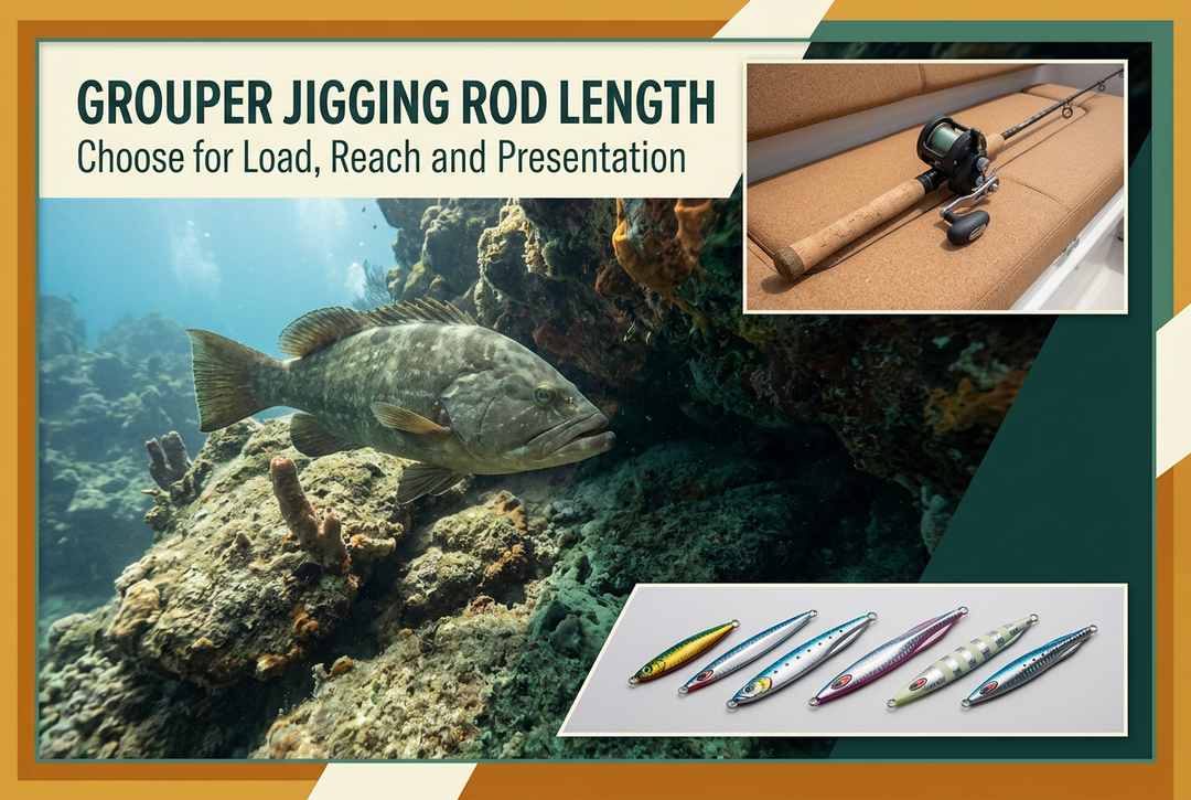 Grouper jigging rod length guide showing a grouper beside reef structure with inset photographs of an unloaded outfit and metal jig profiles.