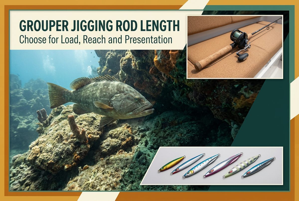 Grouper jigging rod length guide showing a grouper beside reef structure with inset photographs of an unloaded outfit and metal jig profiles.