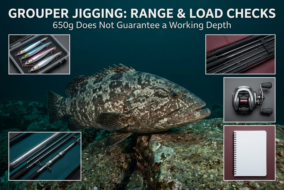 Grouper Jigging Range and Load Checks cover featuring an AI photo-style mottled grouper concept beside a rock ledge, with generic jig, protected rod, separate reel and notebook photo insets.