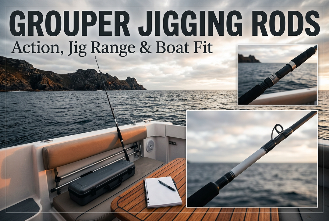 Boat-side rod, protective case and notebook with handle and guide insets near a rocky headland, titled Grouper Jigging Rods: Action Jig Range and Boat Fit.