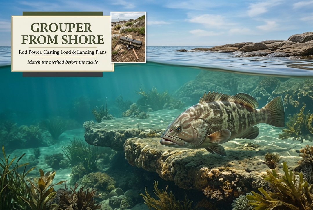 Photographic-style split-water coastal scene with a grouper beside a submerged rock ledge and the English headline Grouper from Shore.