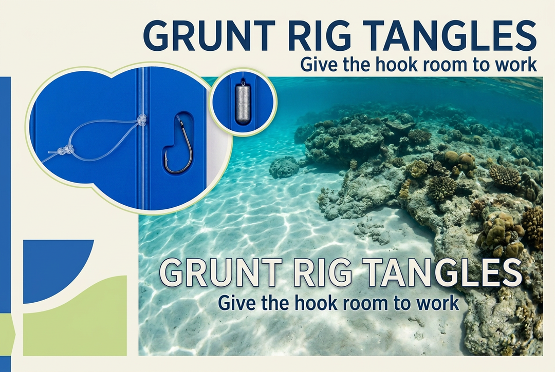 Clear sandy water beside a shallow reef with blue rig-board and sinker insets, headed Grunt Rig Tangles.