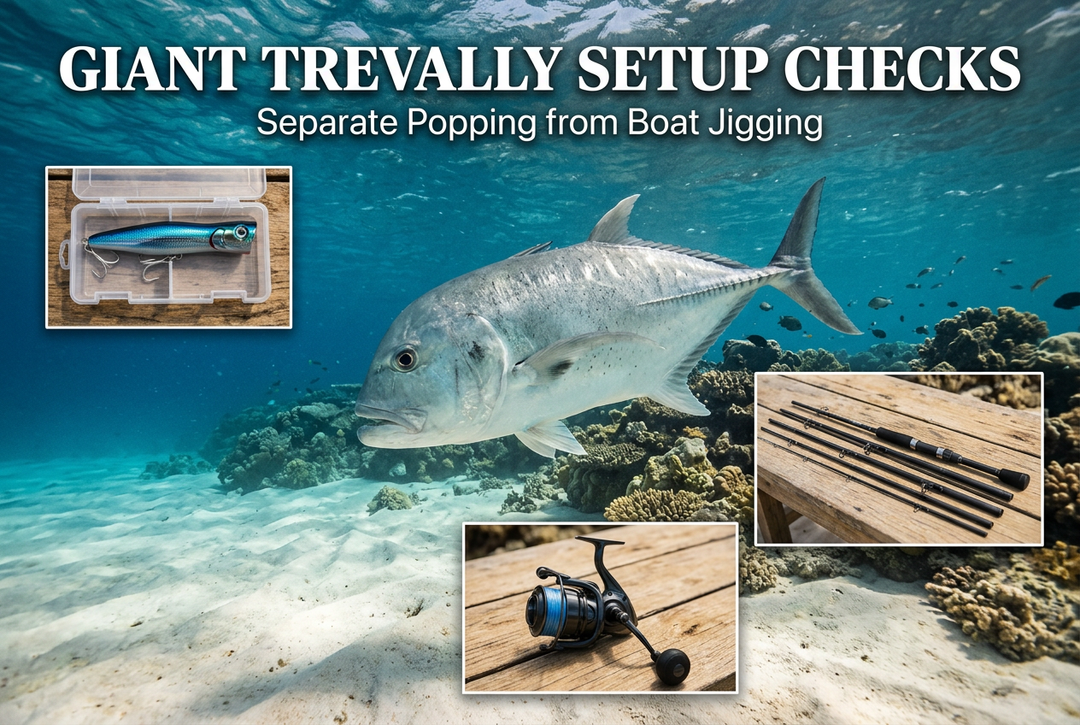 Giant Trevally Setup Checks cover with an AI photo-style silver trevally concept above a reef and inset photographs of a generic boxed surface lure, rod sections and separate spinning reel.