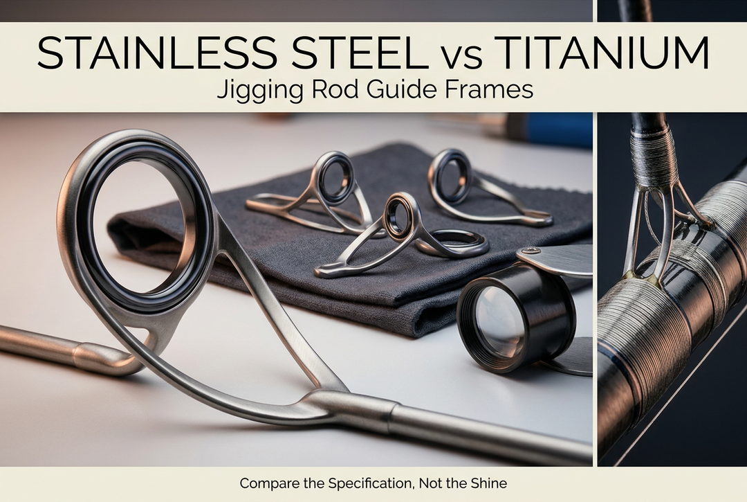 Macro-style fishing rod guide on a workbench with spare frames and a wrapped-guide inset beneath Stainless Steel vs Titanium.