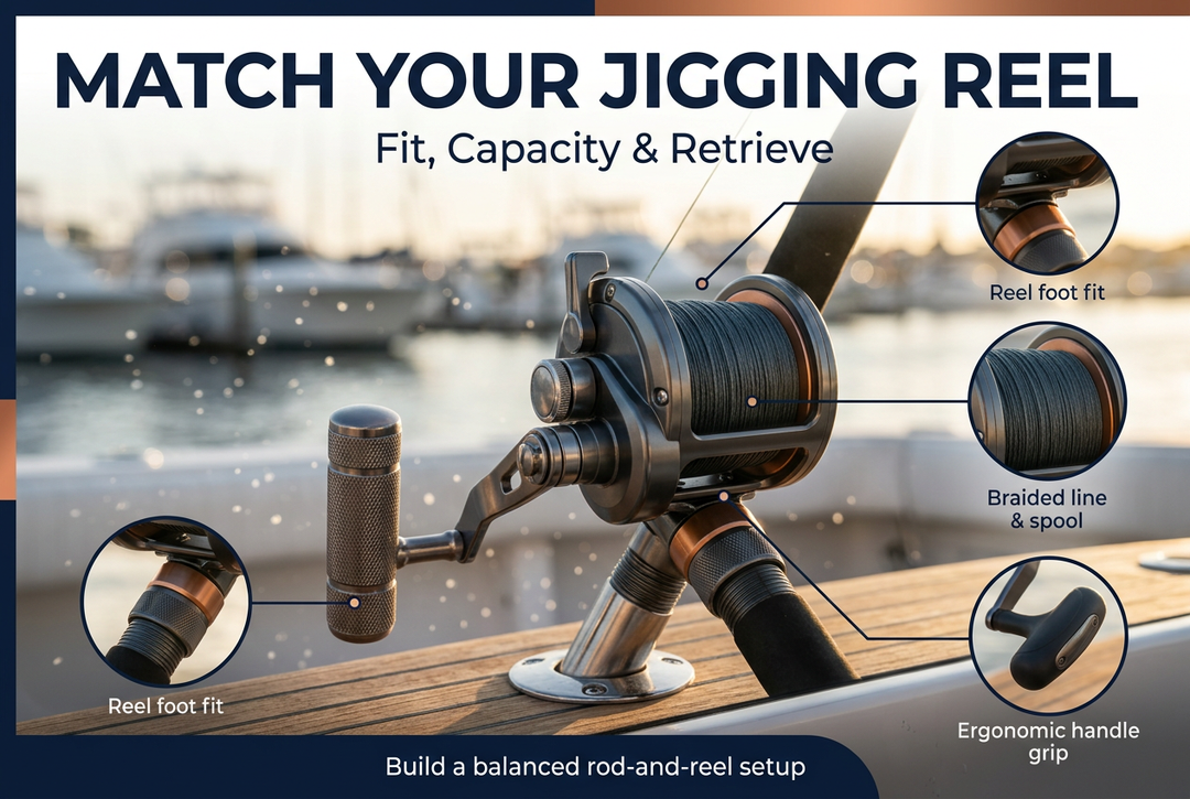 AI-generated boat-cockpit scene of a generic conventional jigging reel on a rod, with the English heading Match Your Jigging Reel and equipment-detail insets.