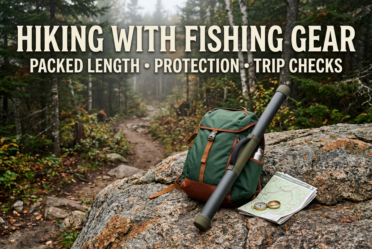 Photorealistic generated wooded-trail scene with a backpack, closed rod tube and map on a rock, reading Hiking with Fishing Gear: Packed Length, Protection, Trip Checks.