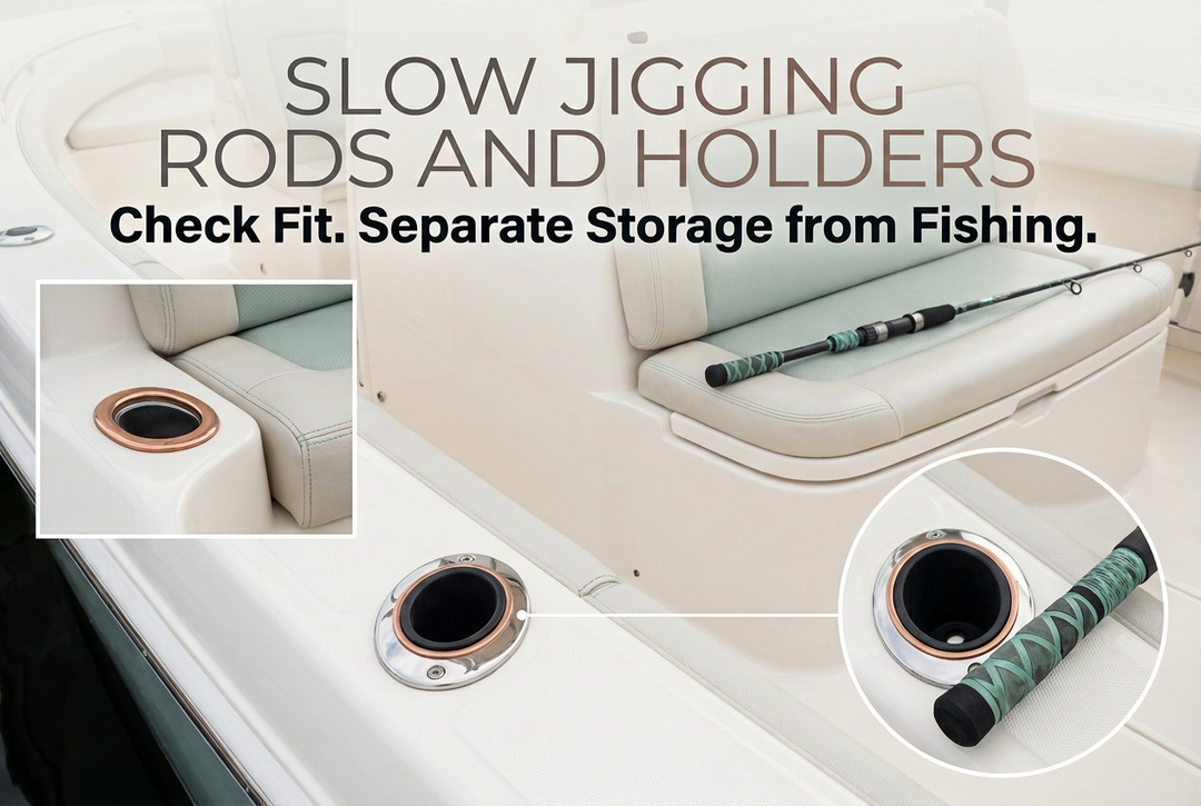 Slow jigging rods and holders guide showing an unloaded rod resting separately on a padded bench beside empty lined boat rod holders.