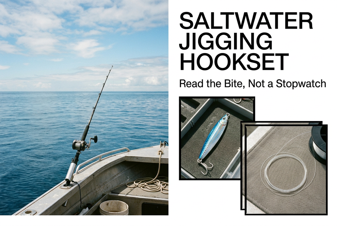 Saltwater jigging hookset guide with an unloaded rod beside the sea, a metal jig in a tackle tray and a close-up of fishing line.