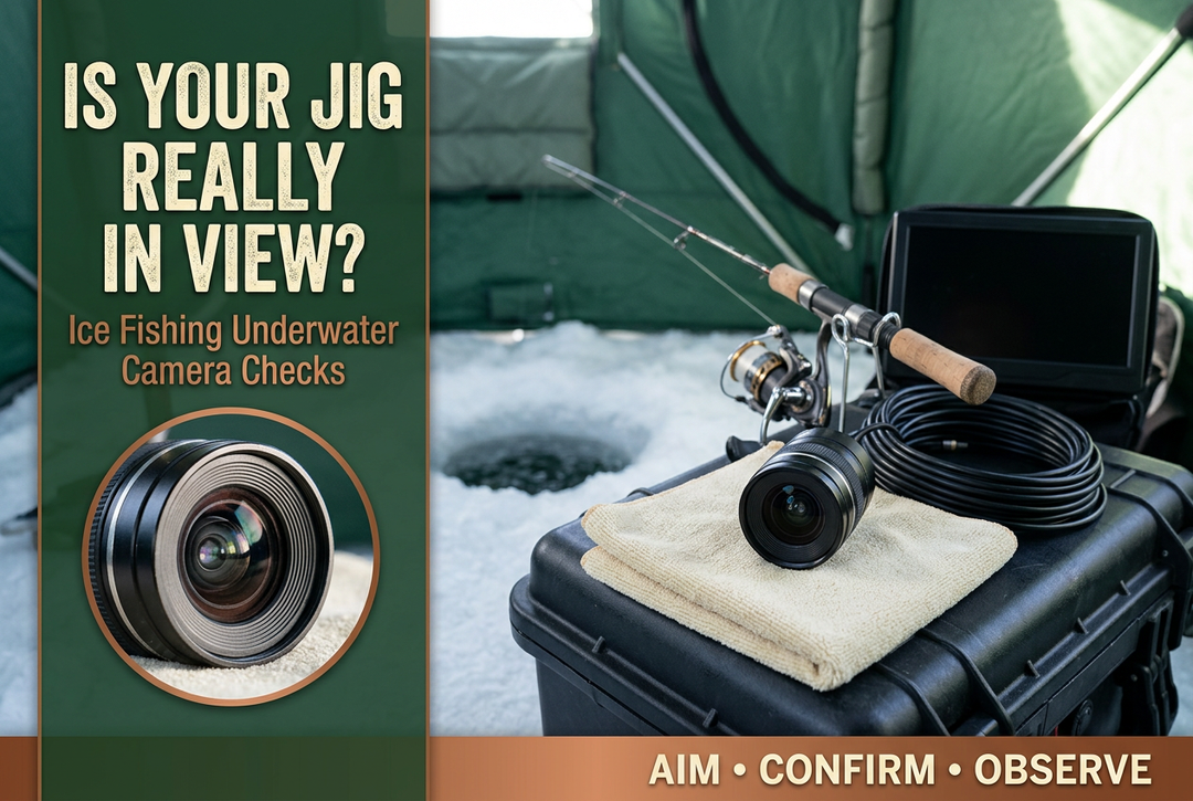 Underwater camera lens, monitor and short spinning rod inside a green ice shelter, with the headline Is Your Jig Really in View?