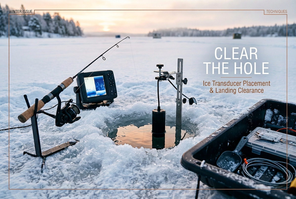 Outdoor ice fishing sonar setup at sunrise with a transducer, short spinning rod and the English headline Clear the Hole