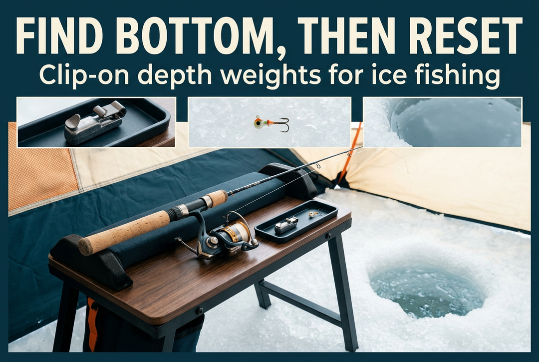 Short spinning rod on a padded bench beside an ice hole, with a separate clip-on depth weight and framed tackle details.