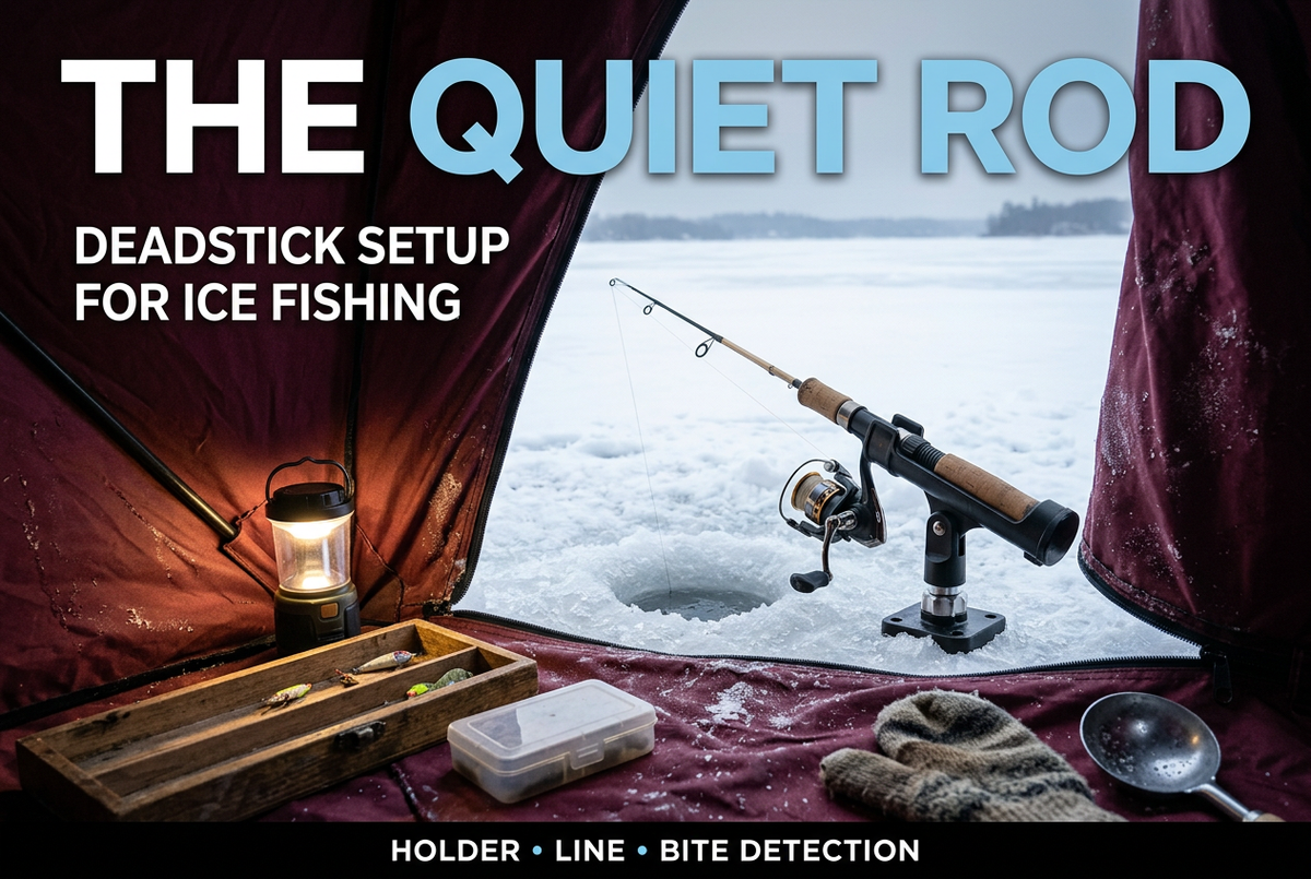 Short spinning ice rod resting in a holder at a burgundy shelter entrance, with the English title The Quiet Rod