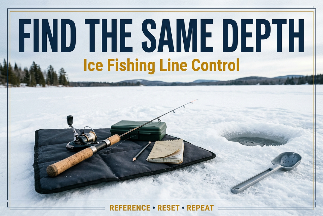 Ice fishing rod and reel on a dark mat beside a notebook and ice hole, with the English headline Find the Same Depth
