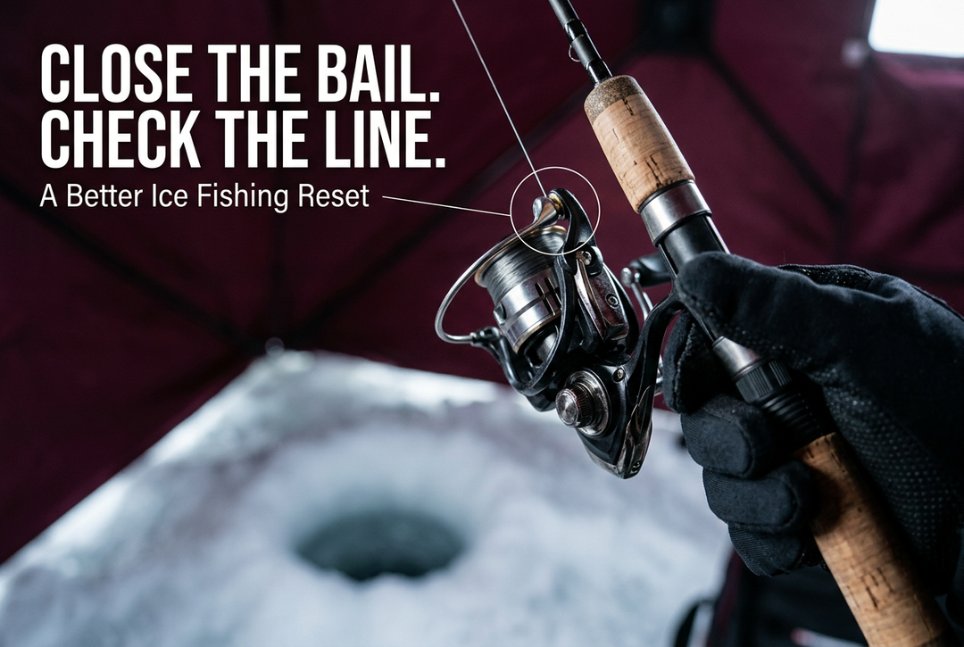 Compact spinning reel on a cork-handled ice rod above an ice hole, with the headline Close the Bail. Check the Line.