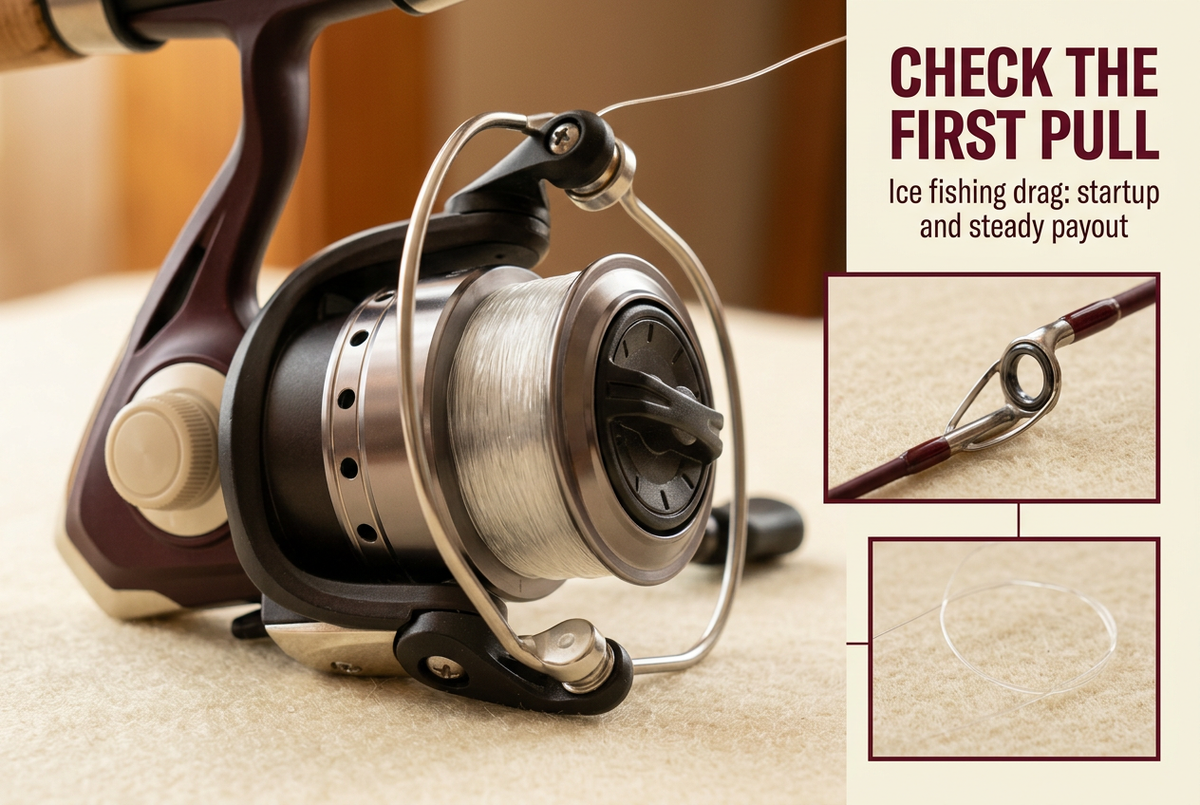 Close-up of a compact spinning reel with guide and loose-line insets beside the heading Check the First Pull.