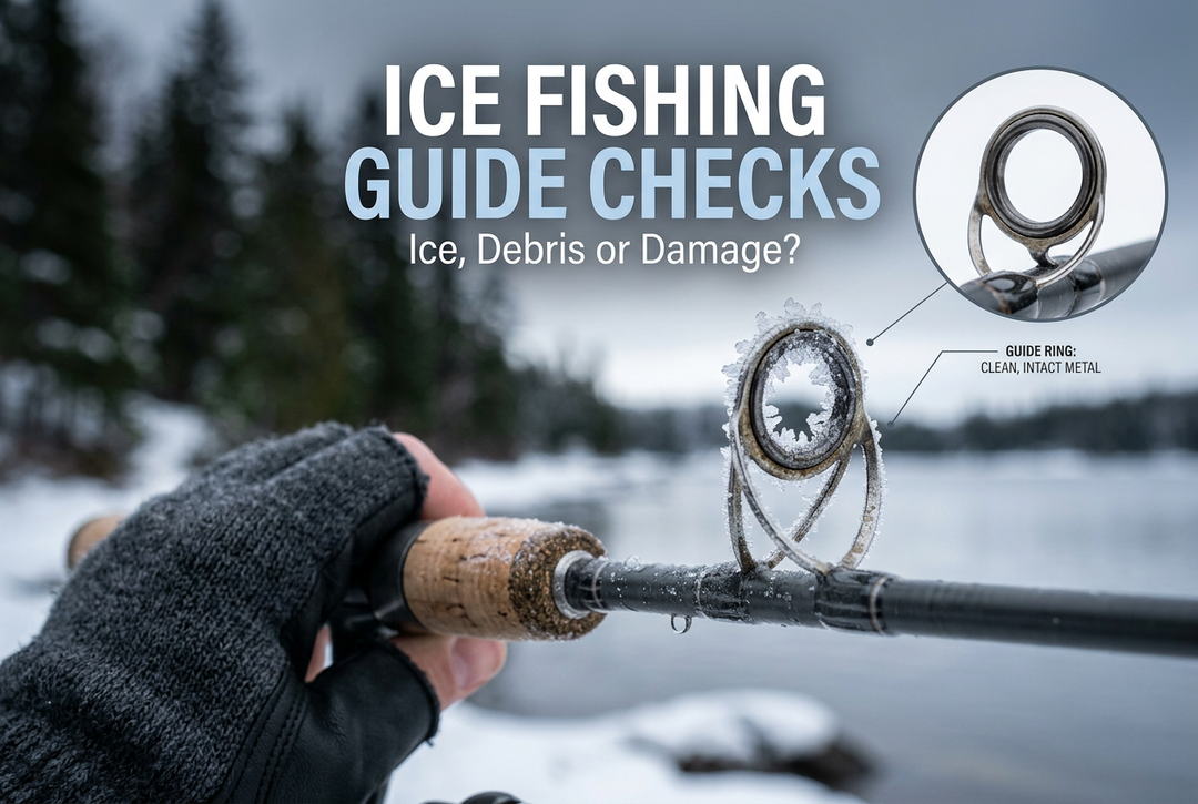 Frost-covered fishing rod guide beside a snowy lake, with a clean-ring inset and the title Ice Fishing Guide Checks.