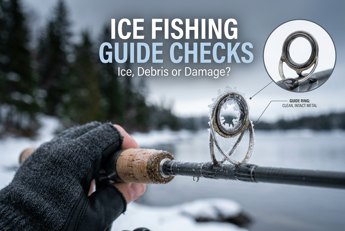 Frost-covered fishing rod guide beside a snowy lake, with a clean-ring inset and the title Ice Fishing Guide Checks.