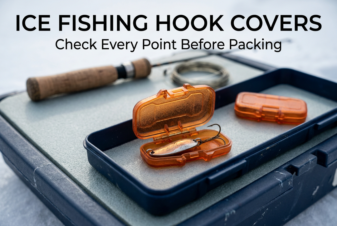 Silver spoon and treble hook in an open orange tackle protector beside a closed protector and short ice rod on a winter gear tray.