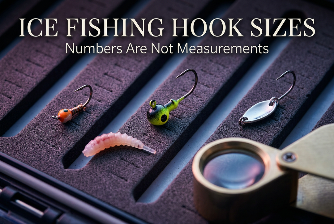 Small ice jigs and a spoon secured separately in dark slotted foam beside a soft-plastic larva and magnifier, beneath the title Ice Fishing Hook Sizes.
