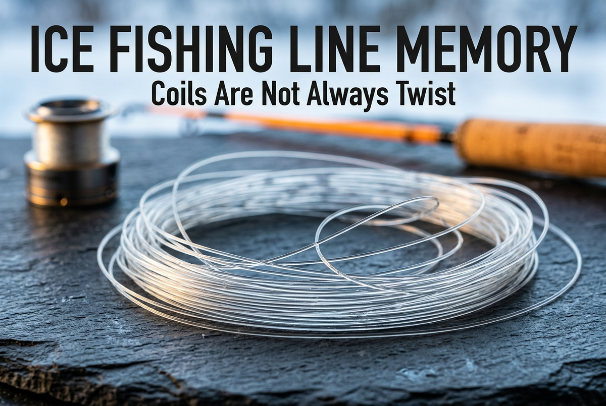 Translucent fishing line resting in broad coils on dark slate beside a reel spool and cork-handled rod beneath the title Ice Fishing Line Memory.