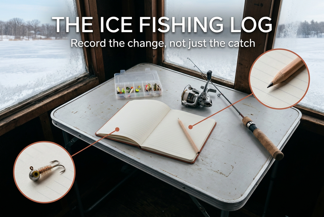 Open fishing notebook, pencil, jig tray and short spinning outfit on a folding table in a winter shelter.