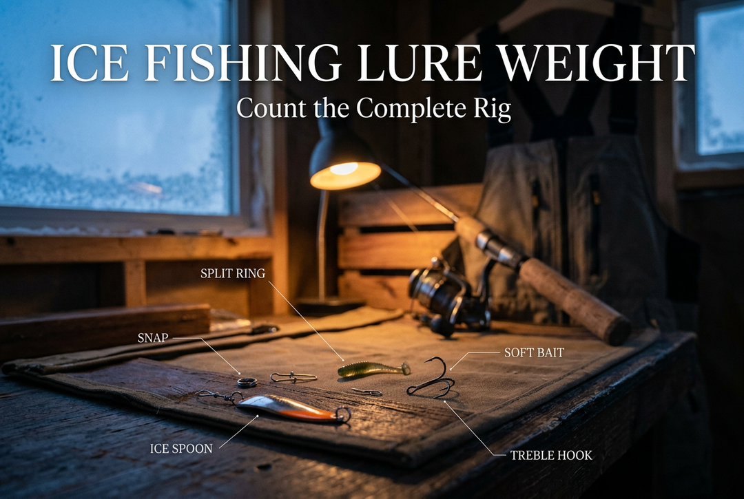 Ice fishing spoon, hooks and small tackle components on a winter workbench beneath the title Ice Fishing Lure Weight.
