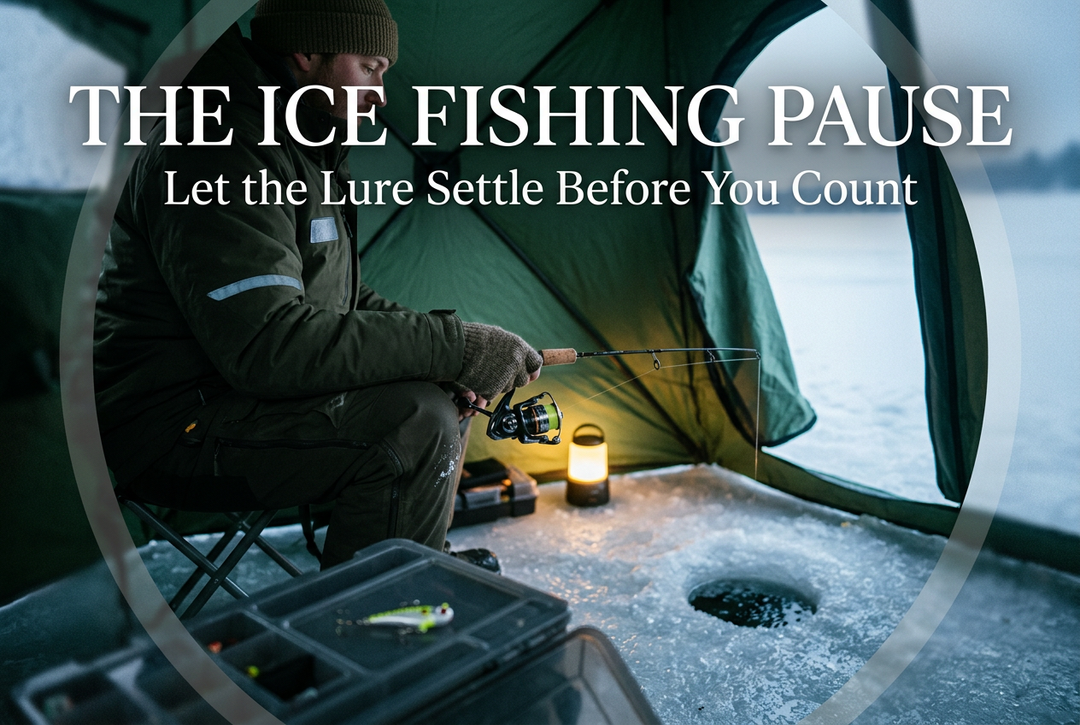 Angler holding a short spinning rod above an ice hole inside a green shelter beneath the title The Ice Fishing Pause.