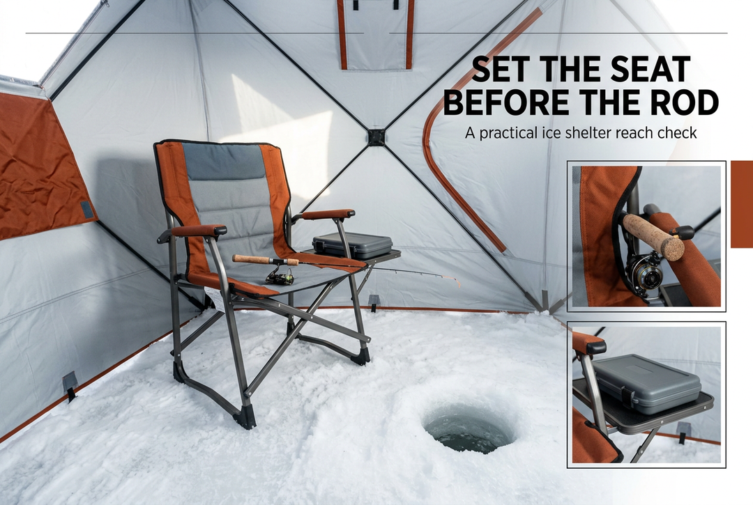 Orange and gray folding chair inside a bright ice shelter, with a short spinning rod, closed tackle box and detail insets.