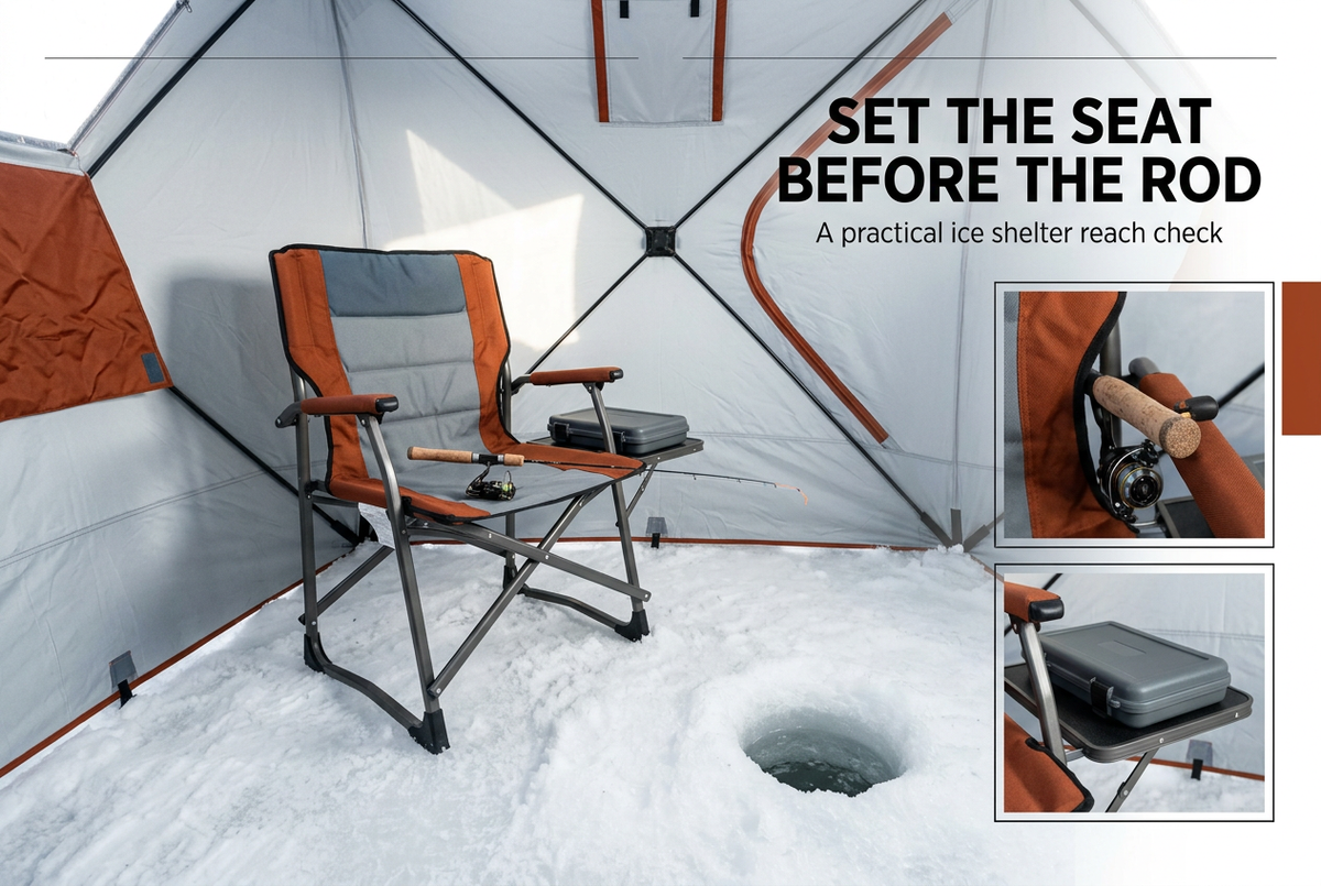 Orange and gray folding chair inside a bright ice shelter, with a short spinning rod, closed tackle box and detail insets.