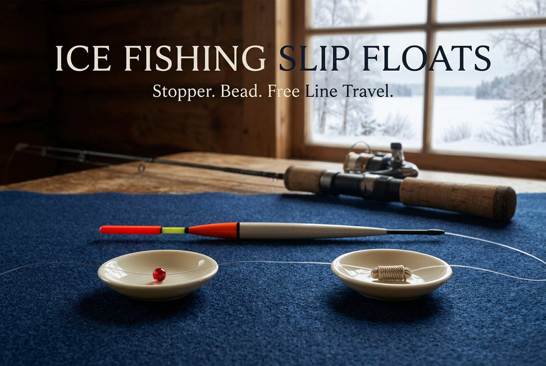Orange-tipped fishing float, small bead and thread stopper components on navy fabric beside a cork-handled rod and snowy cabin window.