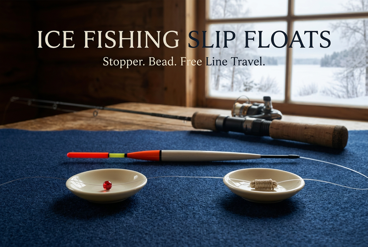 Orange-tipped fishing float, small bead and thread stopper components on navy fabric beside a cork-handled rod and snowy cabin window.