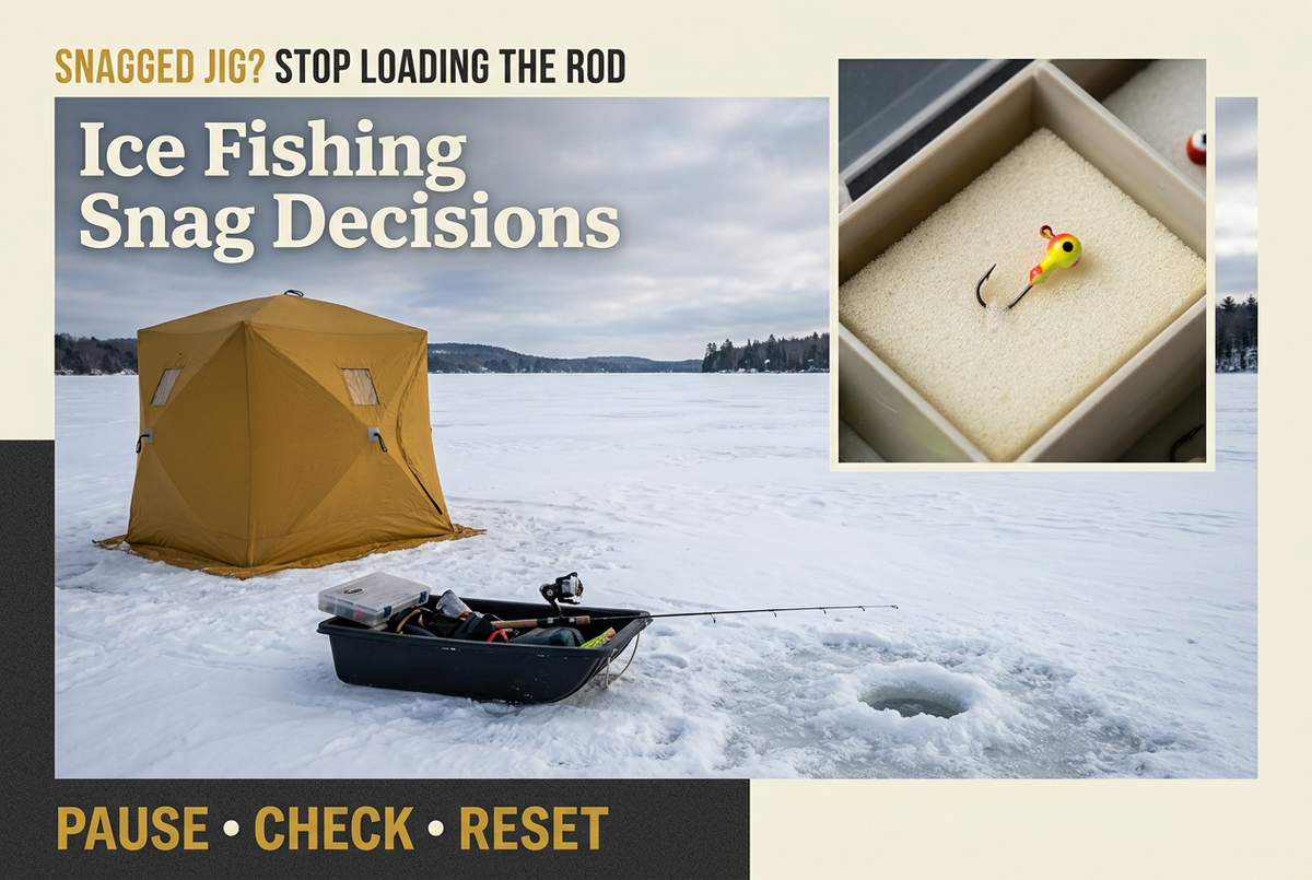 Unloaded ice fishing rod across a black sled near a yellow shelter, with the English headline Snagged Jig? Stop Loading the Rod